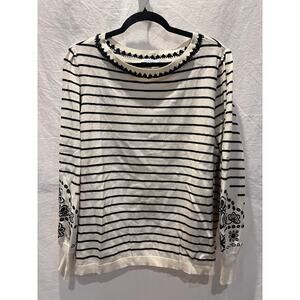 Chico's Sweater Long Sleeve Cream Black Embroidered Pullover Crew Neck XXL